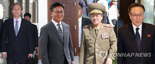 左から金寛鎮・国家安保室長、洪容杓・統一部長官、黄炳誓・朝鮮人民軍総政治局長、金養建・朝鮮労働党書記＝（聯合ニュース）