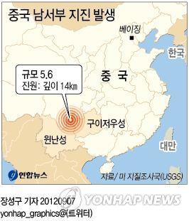 <그래픽> 중국 남서부 지진 발생