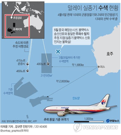 <그래픽> 말레이 실종기 수색 현황