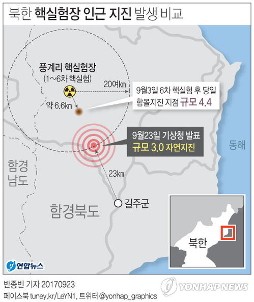 [그래픽] 북한 핵실험장 인근 지진 발생 비교