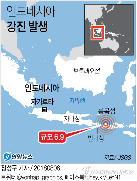 [그래픽] 인도네시아 롬복 섬 규모 6.9 강진 발생