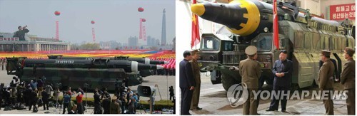 This composite photo (R) carried by North Korea's main newspaper Rodong Sinmun on May 15, 2017, shows a new North Korean mid-to-long-range ballistic missile called the Hwasong-12. The missile looks like the one unveiled at a military parade in April. (For Use Only in the Republic of Korea. No Redistribution) (Yonhap)