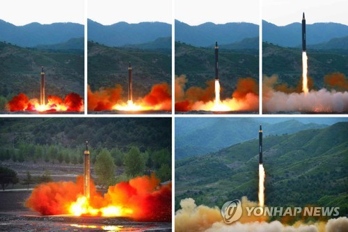 North Korea test-fires a new mid-to-long-range rocket, which it calls the Hwasong-12, on May 14, 2017, in these photos released by Pyongyang's state media a day later. (For Use Only in the Republic of Korea. No Redistribution) (KCNA-Yonhap)
