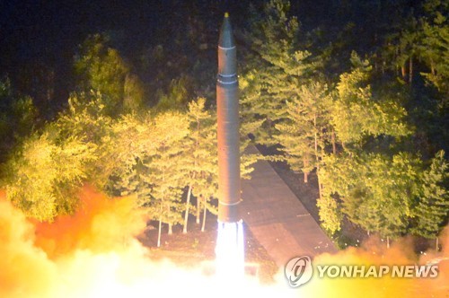 North Korea fires a Hwasong-14 ICBM on July 28, 2017. (For Use Only in the Republic of Korea. No Redistribution) (KCNA-Yonhap)