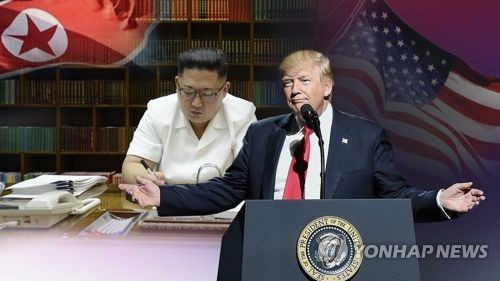 This image created by Yonhap News TV shows U.S. President Donald Trump (R) and North Korean leader Kim Jong-un. (Yonhap)