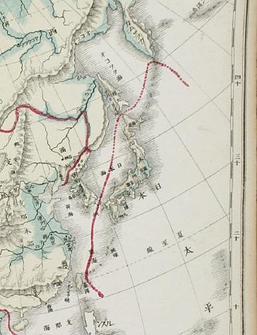 The Asian map from the Japanese textbook written by Matsutaro Okamura in 1886 marks the two islands -- Ulleungdo and Dokdo in the East Sea -- outside the Japanese border. (Yonhap)