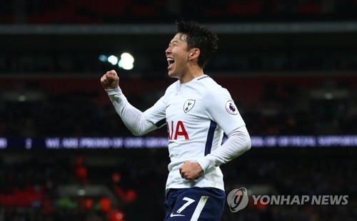 In this photo taken by the EPA, Tottenham Hotspur's Son Heung-min celebrates after scoring a goal during the English Premier League match between Tottenham Hotspur and Brighton & Hove Albion at Wembley Stadium, London, on Dec. 13, 2017. (Yonhap)