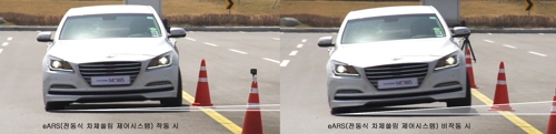 In these undated photos provided by Hyundai Mobis, the company tests its new electrical Active Roll Stabilization (eARS) system on a Genesis sedan at its vehicle test site. (Yonhap)