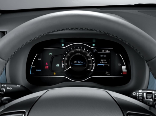 This photo by Hyundai Mobis shows its 7-inch digital instrument cluster installed in the electric version of the Kona subcompact SUV. (Yonhap)