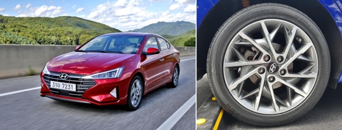 These photos taken on Sept. 6, 2018, show the Avante face-lift being driven on a motorway near Seoul (L) and the car's 17-inch tires with crossing spoke wheels. (Yonhap)