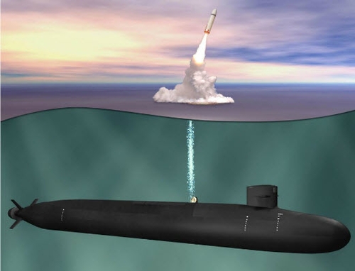 미국의 차세대 컬럼비아 급 전략핵잠수함의 미사일 발사 상상도[위키피디아 제공]