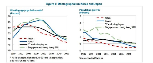 한국과 일본의 인구구조 비교[IMF 보고서 캡처]
