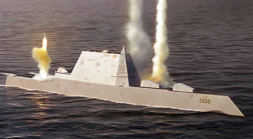 미 해군 스텔스 구축함 줌월트에서의 미사일 발사 상상도[위키피이더 커먼스 제공]