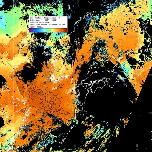 7일 오전 한반도 주변 바다 수온 분포[국립수산과학원 제공=연합뉴스]