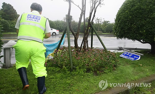 태풍에 엿가락처럼 휘어진 가로등