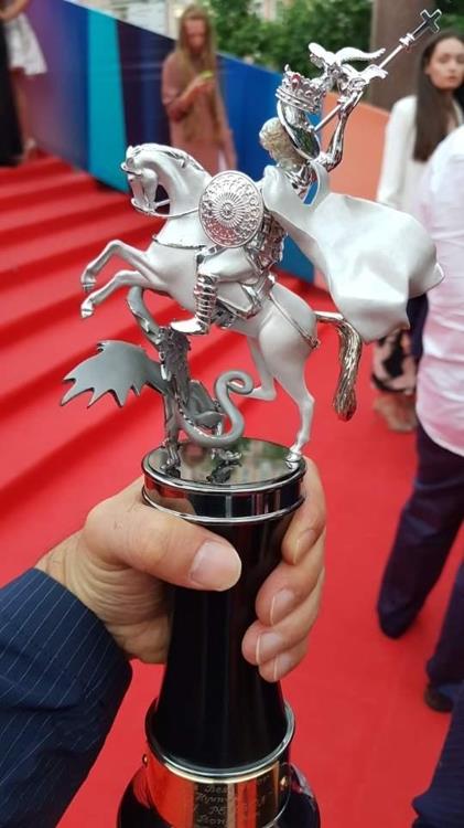 This photo provided by actor Son Hyun-ju shows the Best Actor trophy from the Moscow International Film Festival on June 29, 2017. (Yonhap)